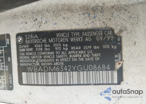 2000 BMW 528Ia from USA, damaged, VIN WBADM6342YGU08684